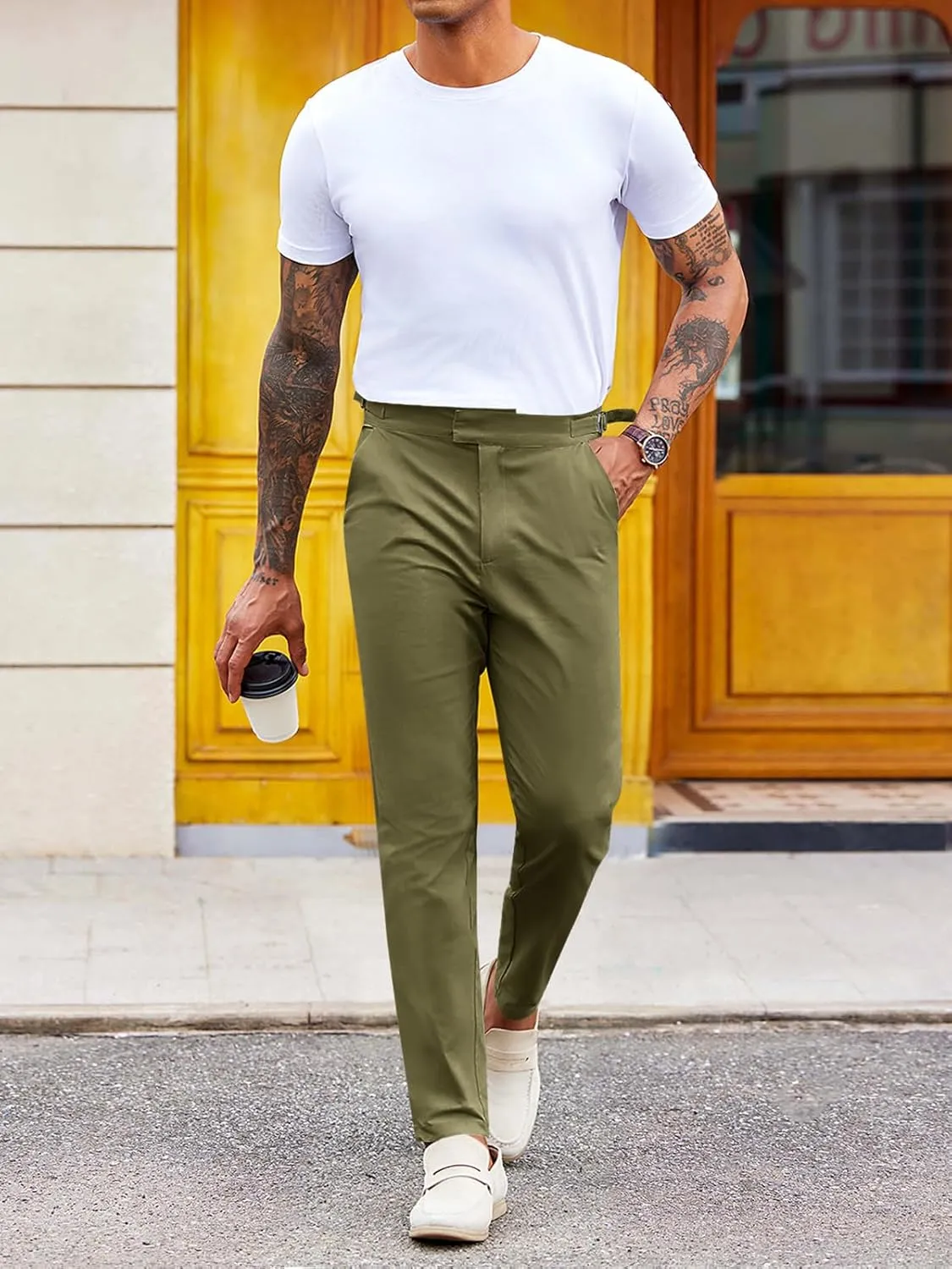 PASLTER Mens Chinos Pants Slim Fit Stretch Flat-Front Skinny Dress Suit Pants Cotton Slacks