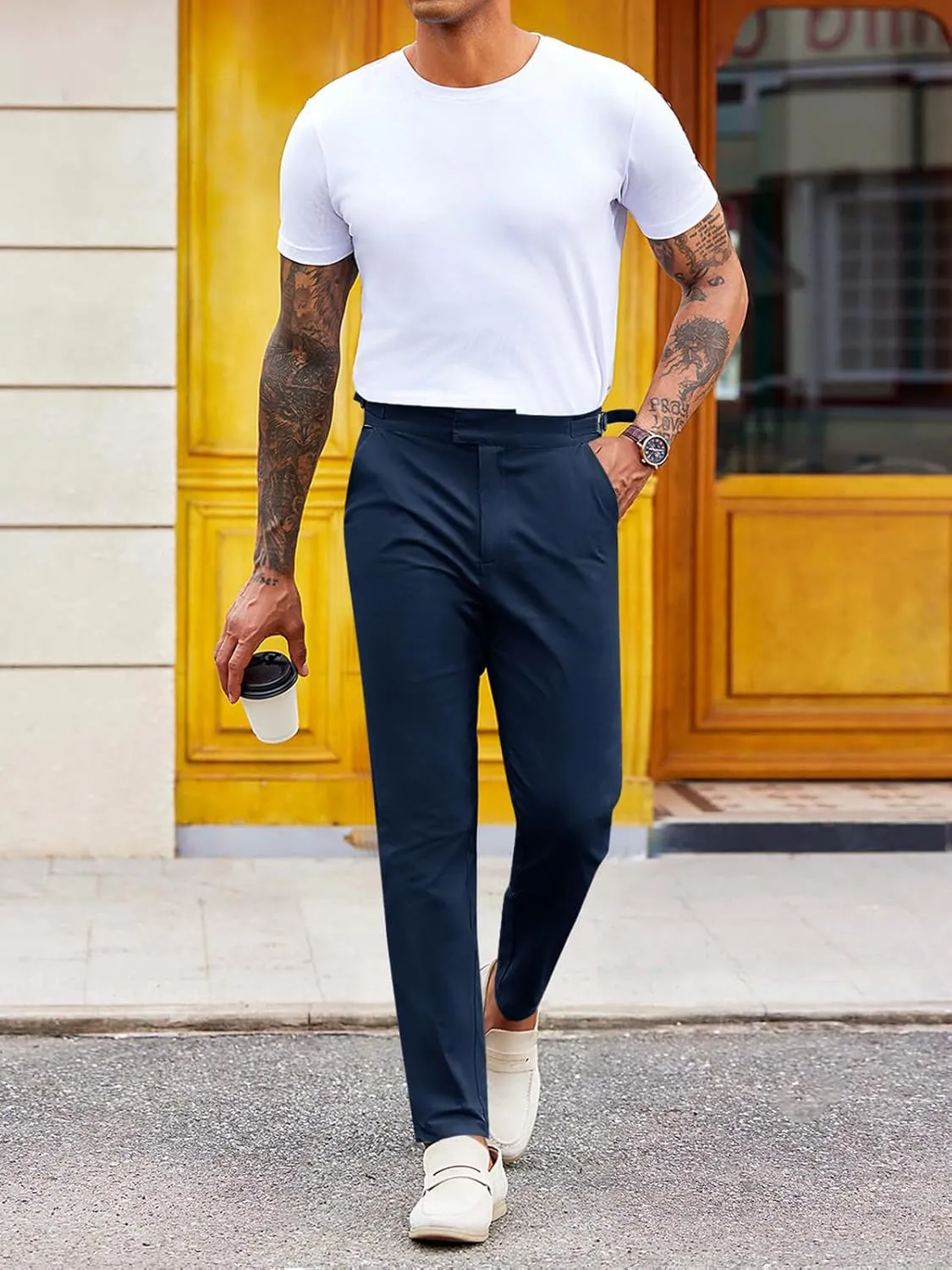 PASLTER Mens Chinos Pants Slim Fit Stretch Flat-Front Skinny Dress Suit Pants Cotton Slacks