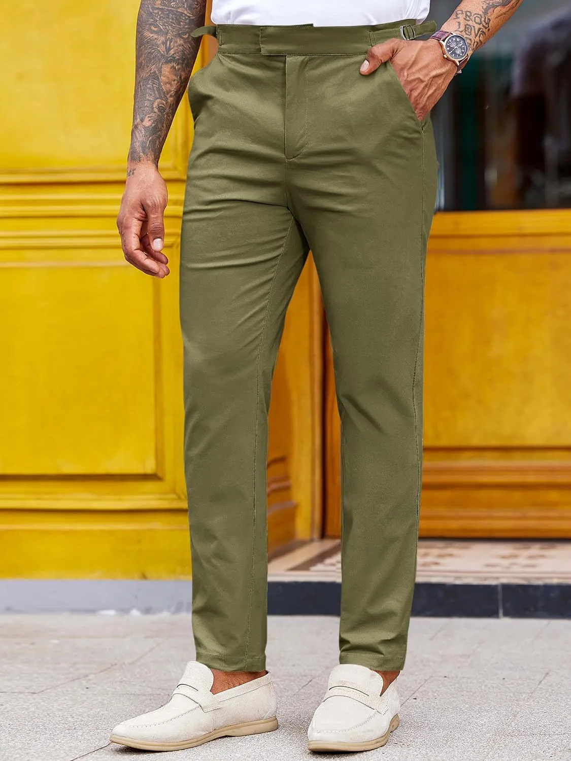 PASLTER Mens Chinos Pants Slim Fit Stretch Flat-Front Skinny Dress Suit Pants Cotton Slacks