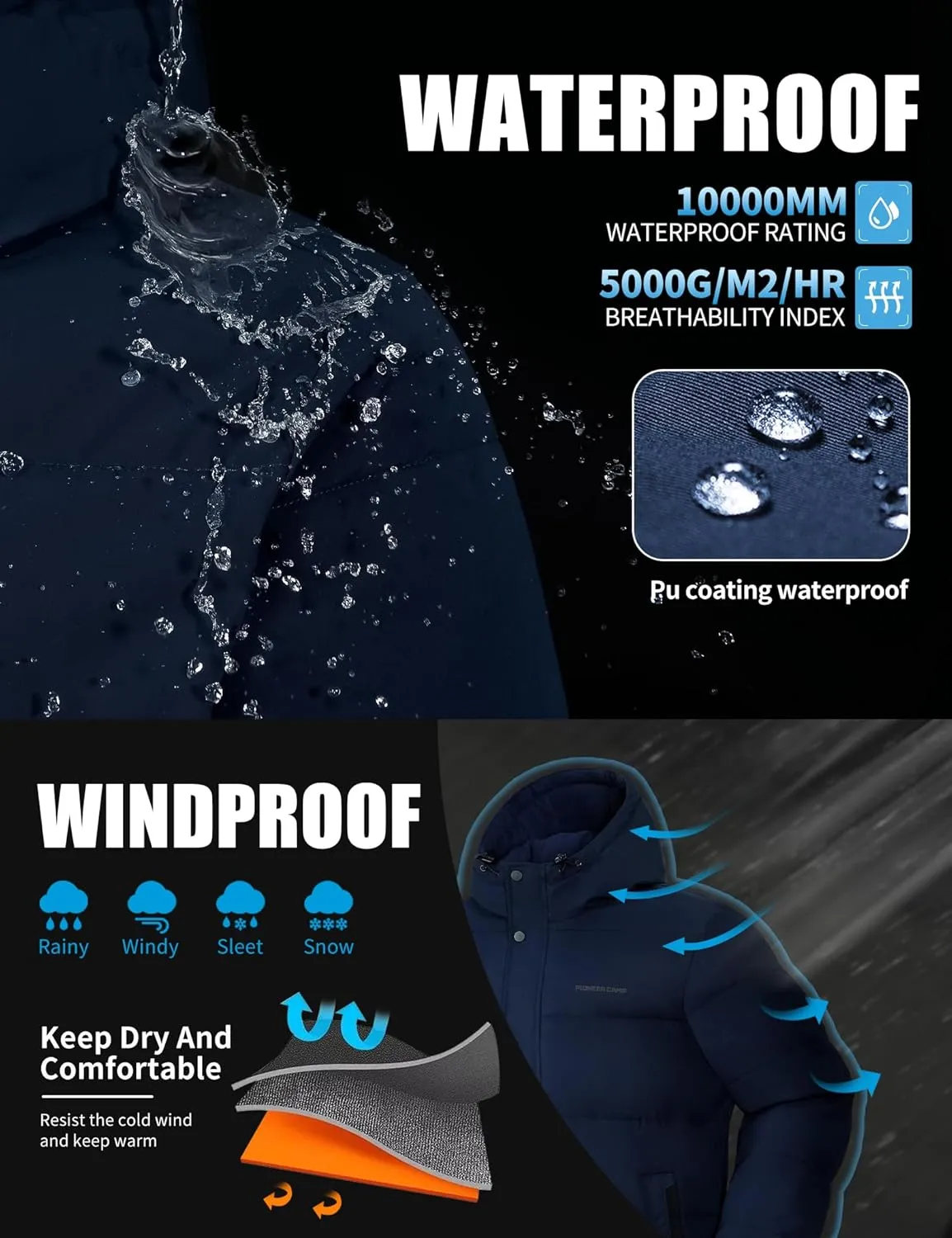 Pioneer Camp Mens Winter Coat Warm Winter Puffer Jacket Waterproof Thicken Insulated Windproof Hooded Down Quilted Coat