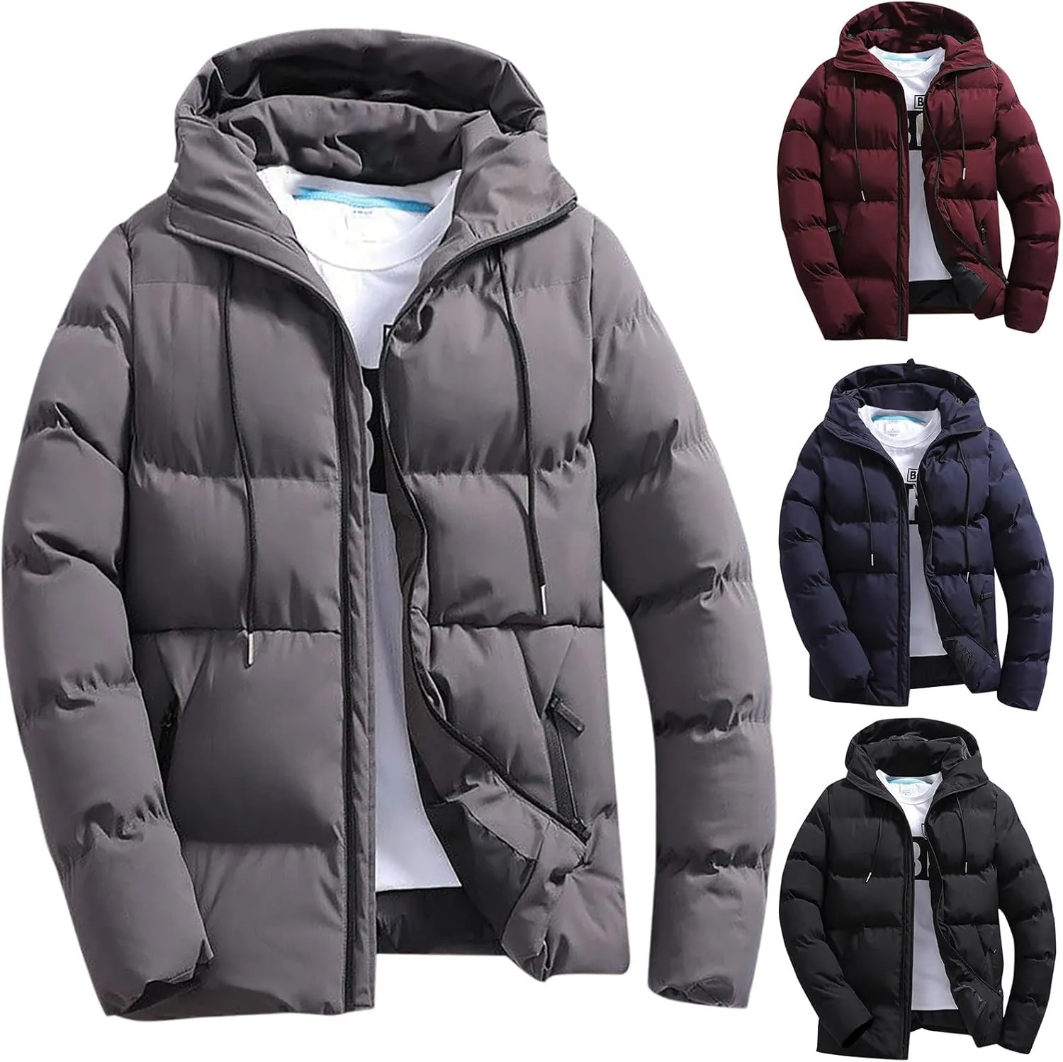 Puffer Jacket Men with Hood Warm Insulated Lightweight Hooded Down Coats Outdoor Winter Windproof Waterproof Jackets Puffer Jacket Men Winter(Black,4X-Large)