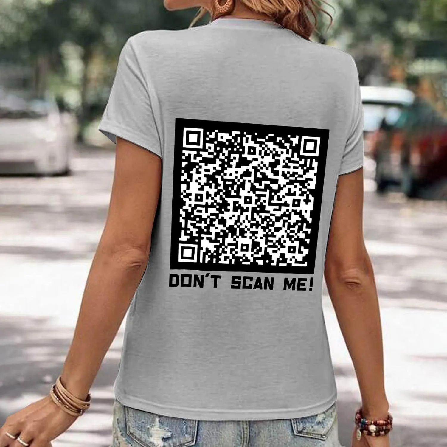QR Code Shirts for Women Oversized Casual Crewneck Shorts Sleeve Pullover Tops Scan for A Fun Message T-Shirt