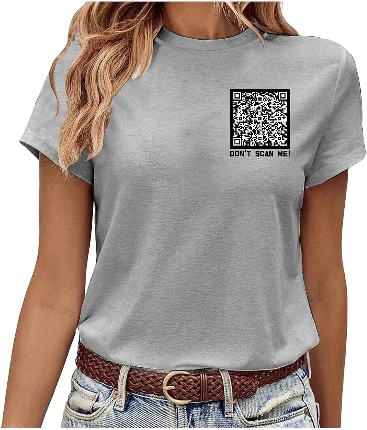 QR Code Shirts for Women Oversized Casual Crewneck Shorts Sleeve Pullover Tops Scan for A Fun Message T-Shirt