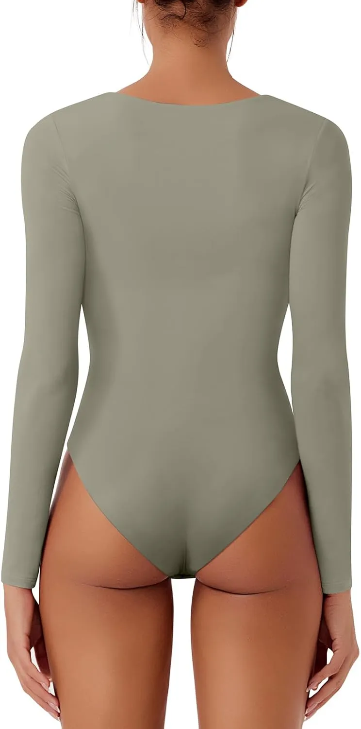 REORIA Women's Long Sleeve Square Neck Double Layer Sexy Bodysuit 2025 Fall/Winter Designer Collection