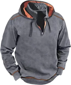Retro Style Windproof Hooded Sweatshirt, Outdoor Quarter Zip Tactical Jacket Coat, Winter Vintage Sweaters for Men