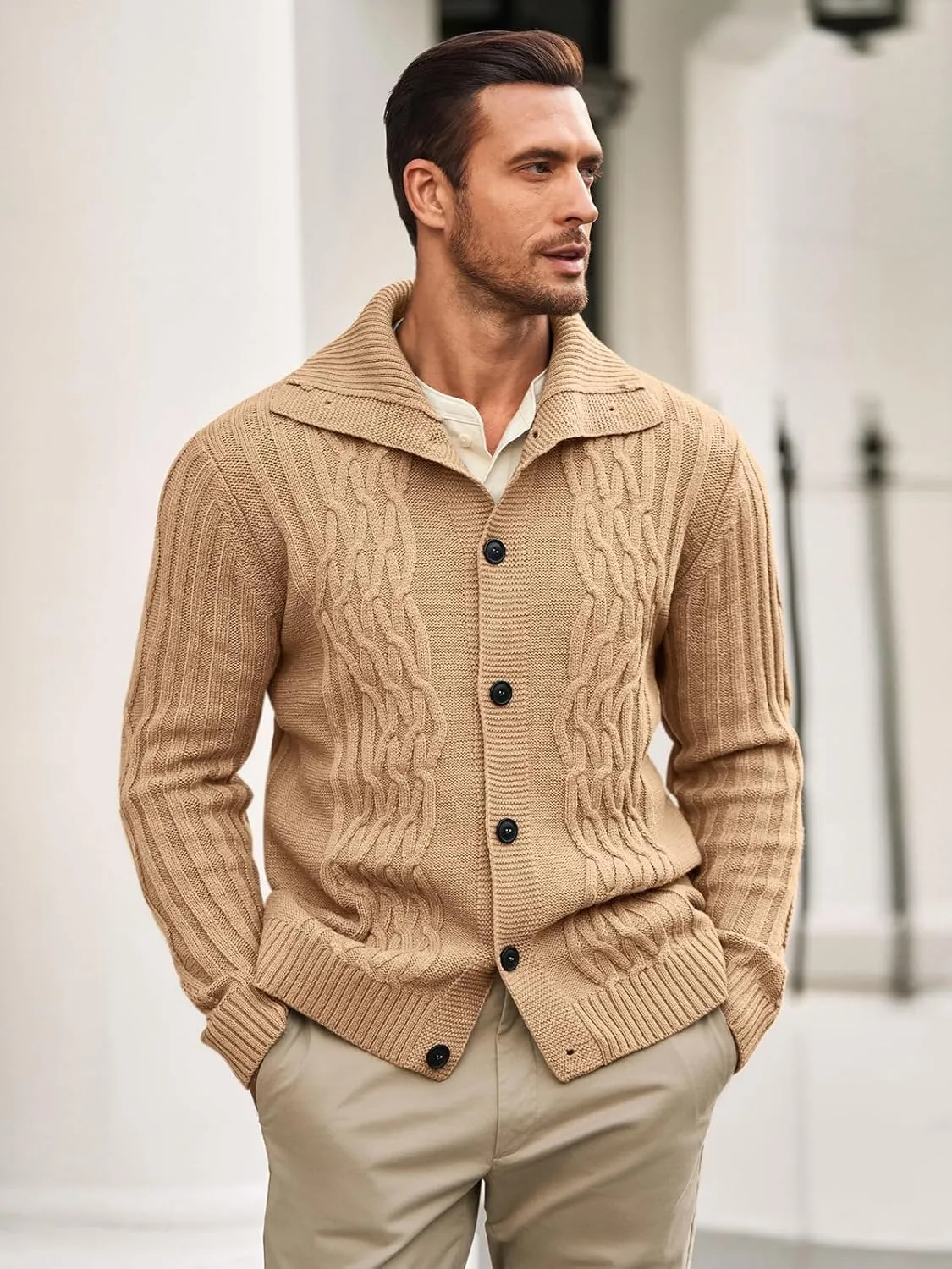 Runcati Mens Cardigan Sweater Cable Knit Button Down Long Sleeve Casual Winter Slim Fit Sweaters