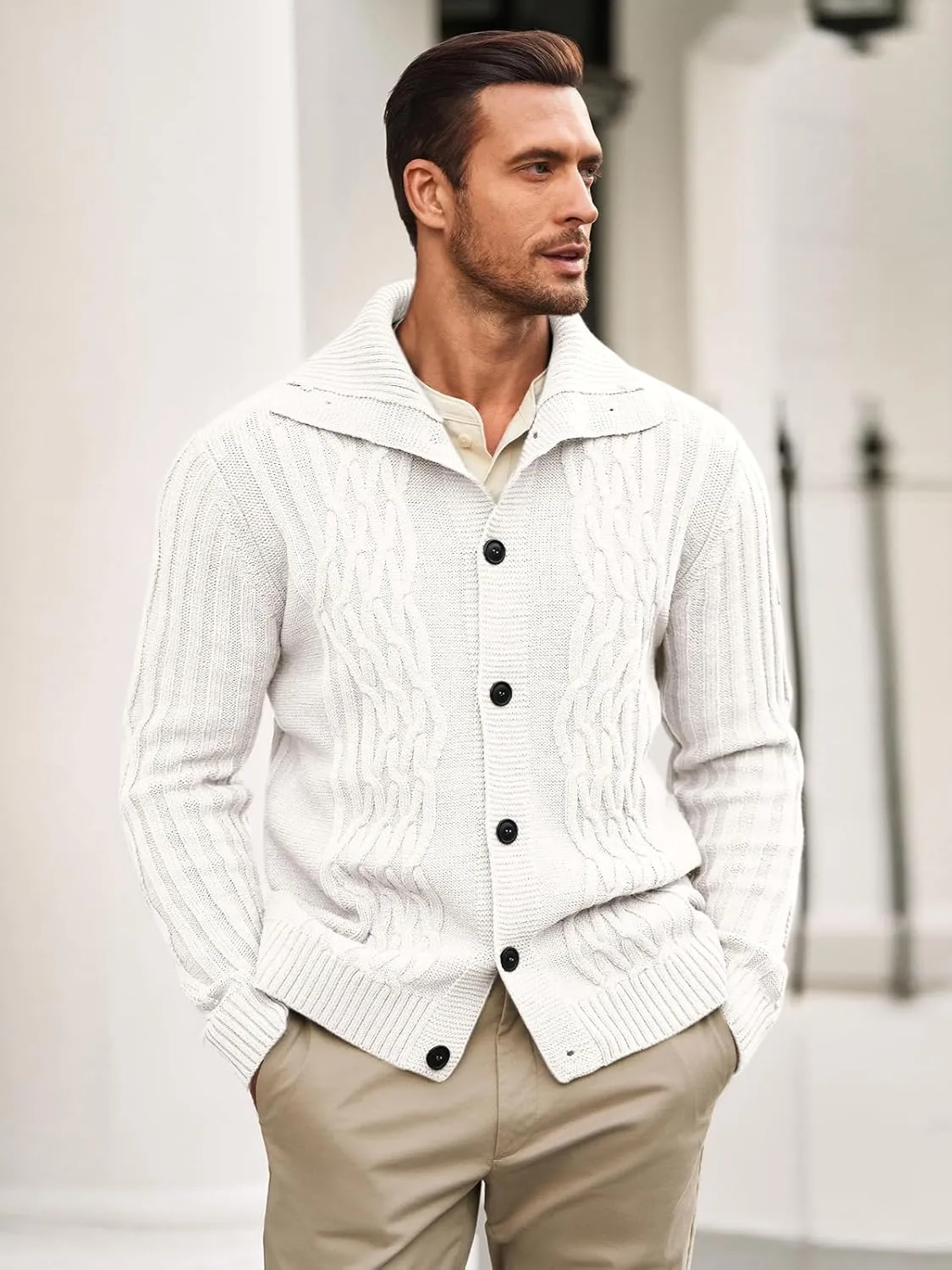 Runcati Mens Cardigan Sweater Cable Knit Button Down Long Sleeve Casual Winter Slim Fit Sweaters