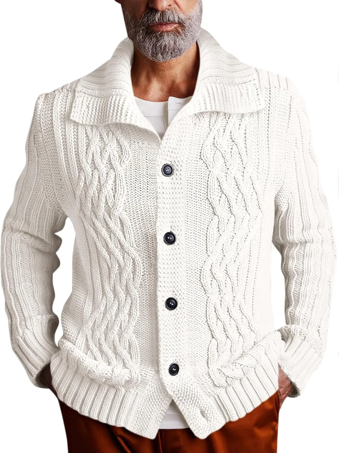 Runcati Mens Cardigan Sweater Cable Knit Button Down Long Sleeve Casual Winter Slim Fit Sweaters