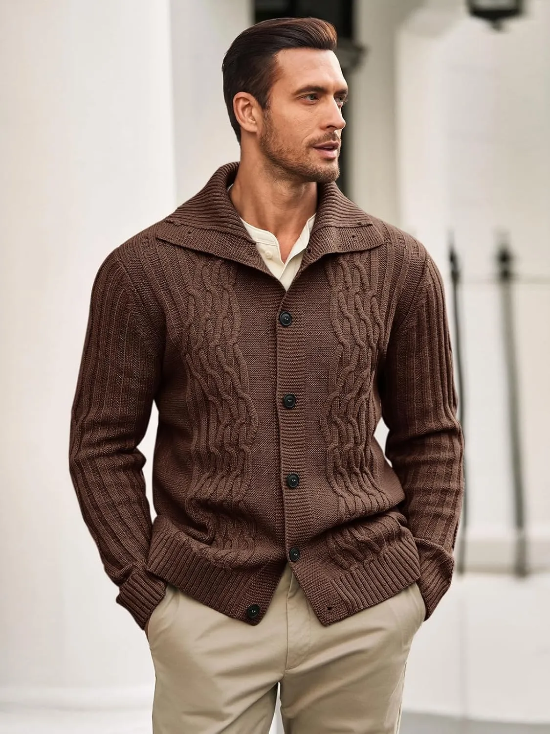 Runcati Mens Cardigan Sweater Cable Knit Button Down Long Sleeve Casual Winter Slim Fit Sweaters