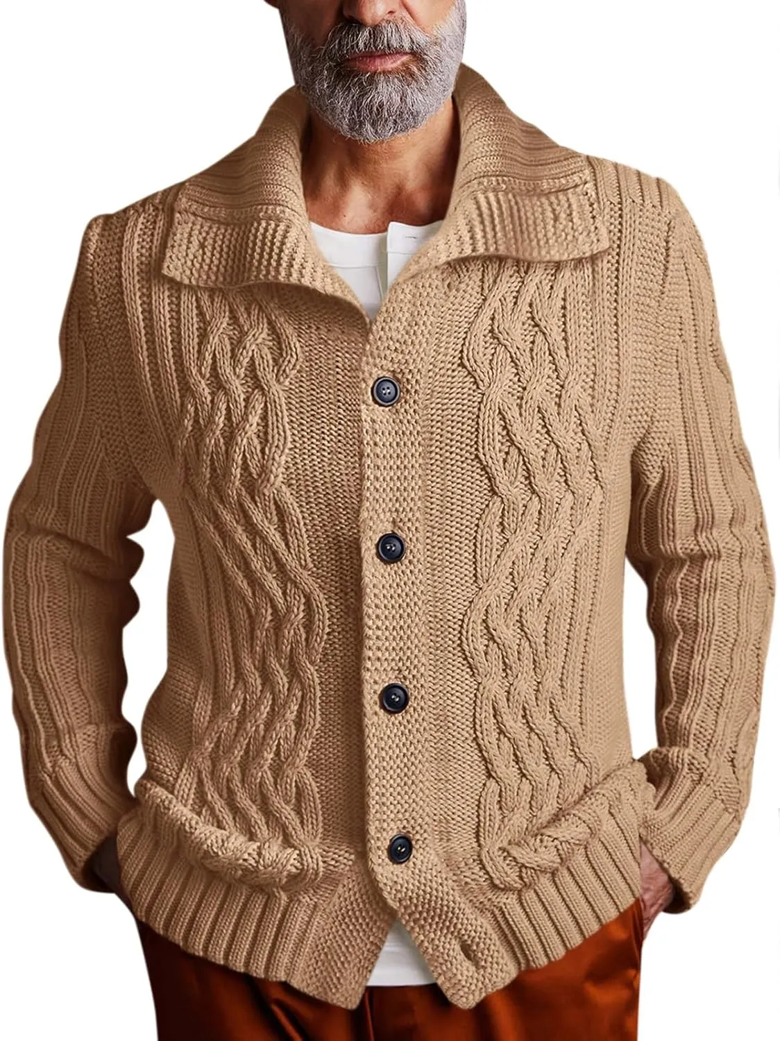 Runcati Mens Cardigan Sweater Cable Knit Button Down Long Sleeve Casual Winter Slim Fit Sweaters