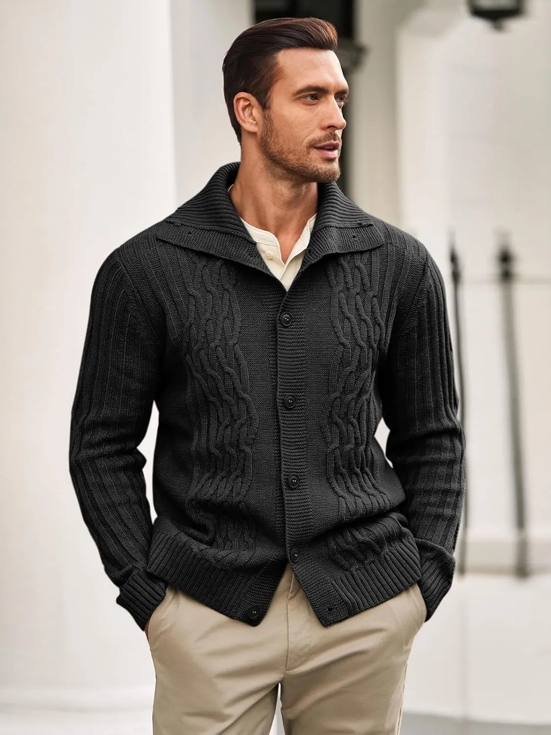 Runcati Mens Cardigan Sweater Cable Knit Button Down Long Sleeve Casual Winter Slim Fit Sweaters