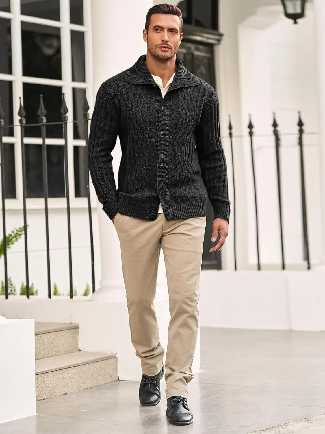 Runcati Mens Cardigan Sweater Cable Knit Button Down Long Sleeve Casual Winter Slim Fit Sweaters