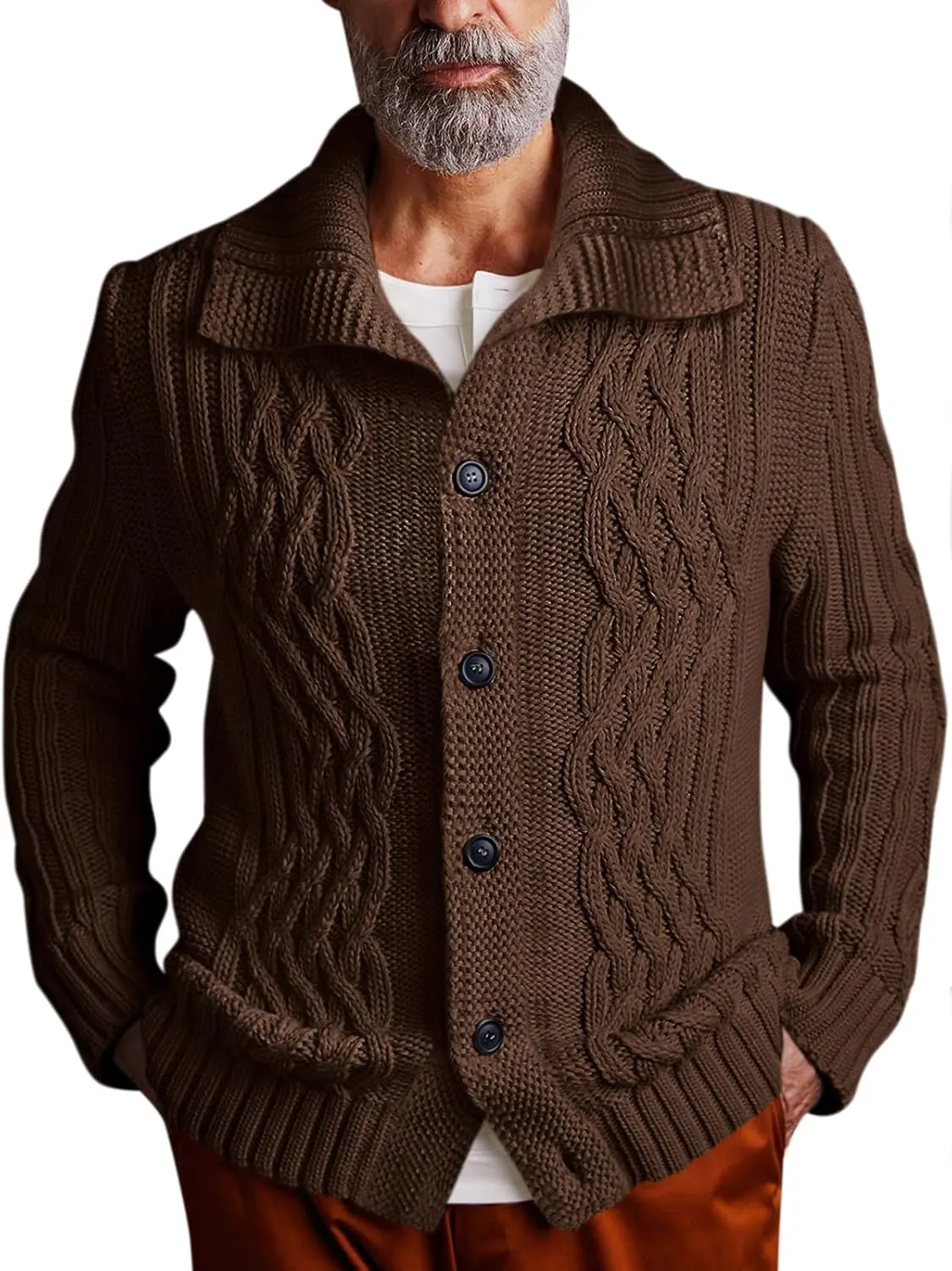 Runcati Mens Cardigan Sweater Cable Knit Button Down Long Sleeve Casual Winter Slim Fit Sweaters