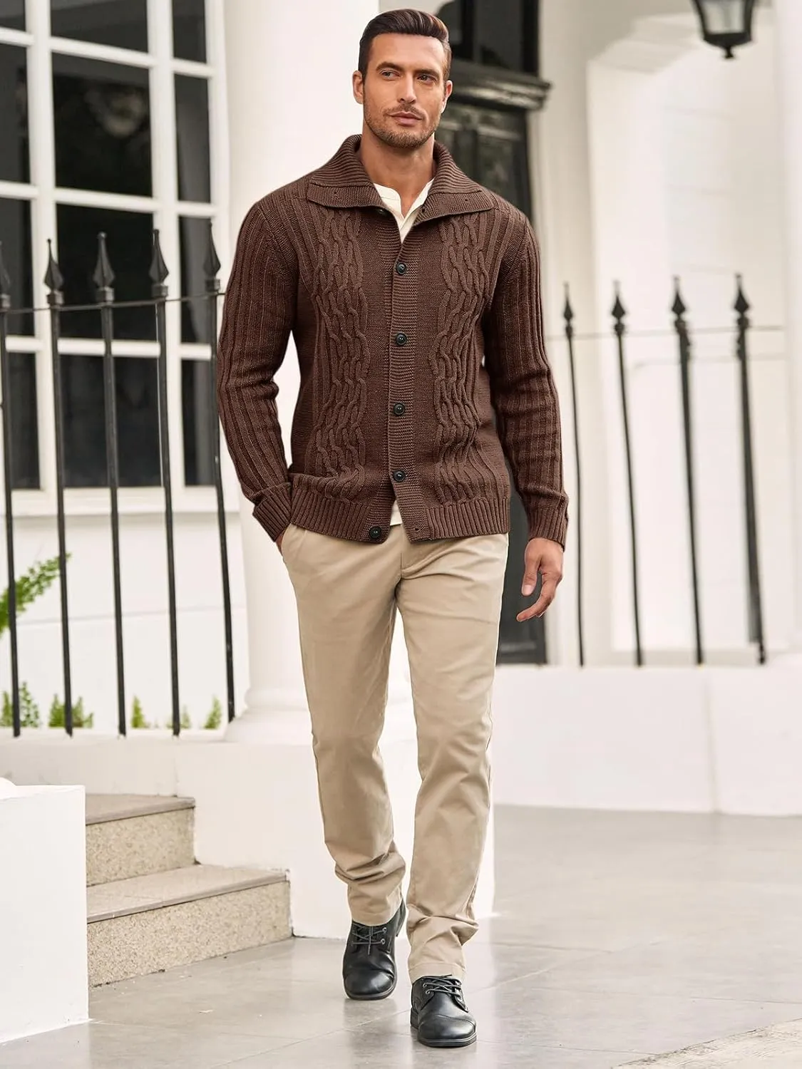 Runcati Mens Cardigan Sweater Cable Knit Button Down Long Sleeve Casual Winter Slim Fit Sweaters