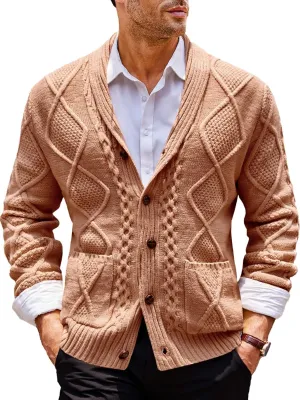 Runcati Mens Shawl Collar Cardigan Sweater Cable Knit Button Down Long Sleeve Casual Sweater with Pockets