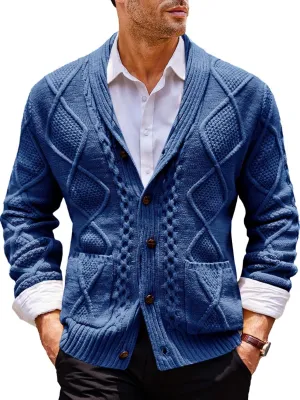 Runcati Mens Shawl Collar Cardigan Sweater Cable Knit Button Down Long Sleeve Casual Sweater with Pockets
