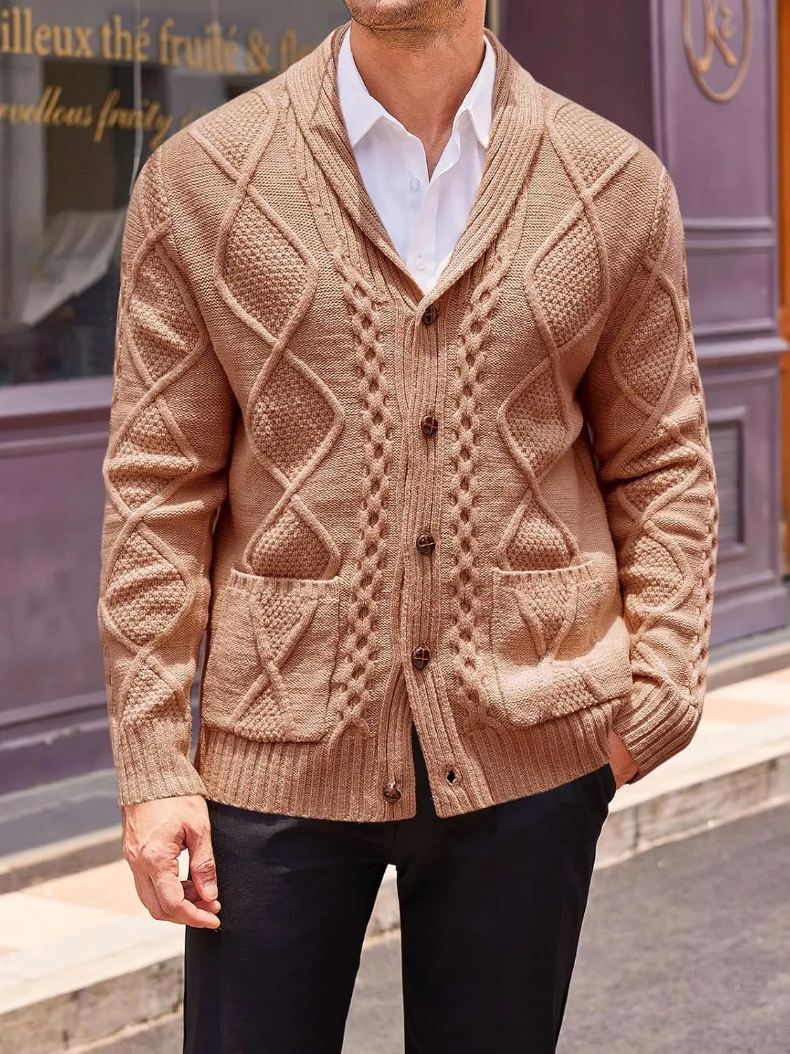 Runcati Mens Shawl Collar Cardigan Sweater Cable Knit Button Down Long Sleeve Casual Sweater with Pockets