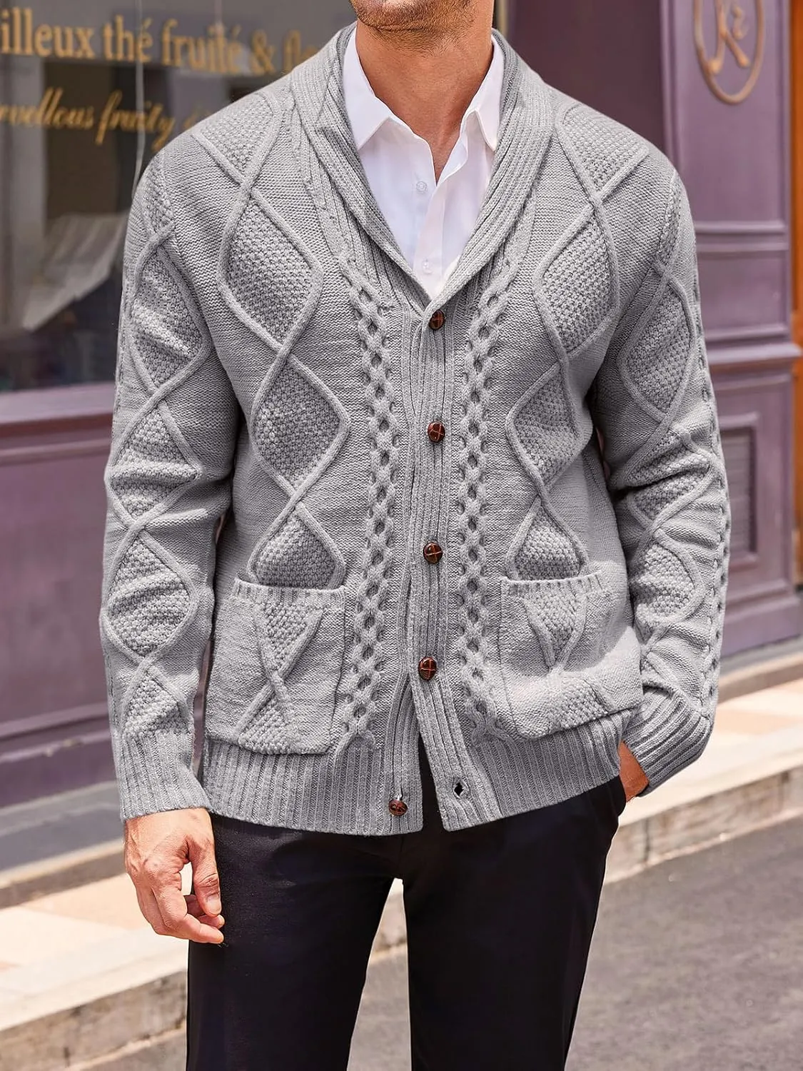 Runcati Mens Shawl Collar Cardigan Sweater Cable Knit Button Down Long Sleeve Casual Sweater with Pockets