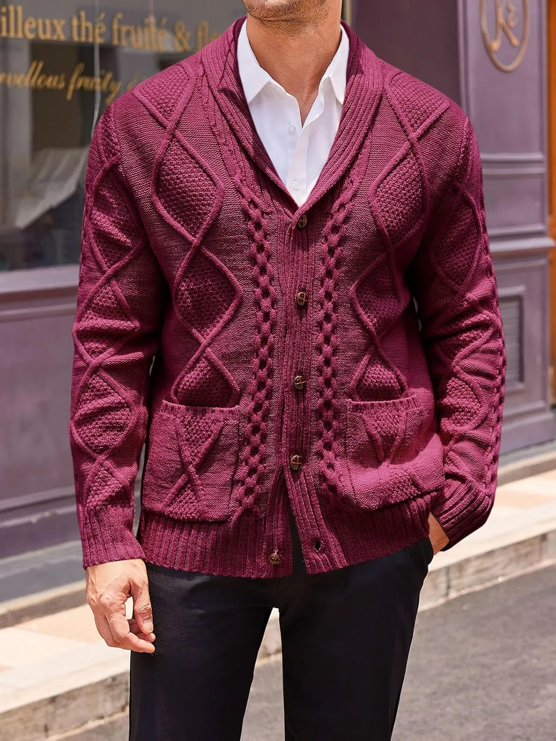 Runcati Mens Shawl Collar Cardigan Sweater Cable Knit Button Down Long Sleeve Casual Sweater with Pockets