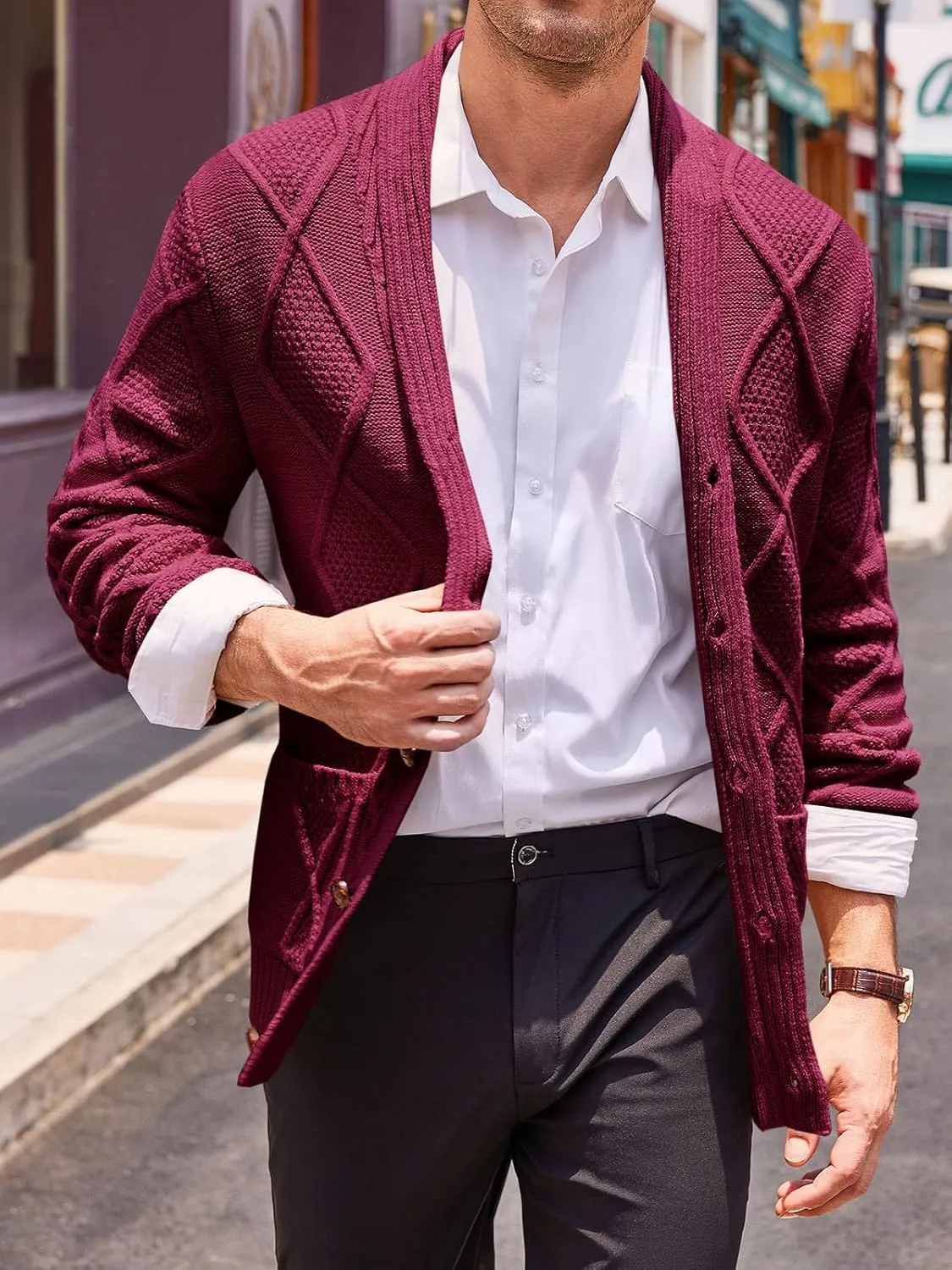 Runcati Mens Shawl Collar Cardigan Sweater Cable Knit Button Down Long Sleeve Casual Sweater with Pockets