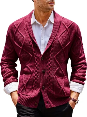 Runcati Mens Shawl Collar Cardigan Sweater Cable Knit Button Down Long Sleeve Casual Sweater with Pockets