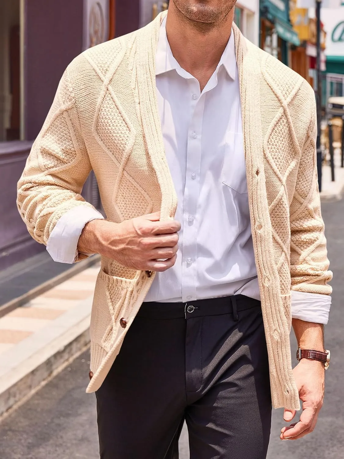 Runcati Mens Shawl Collar Cardigan Sweater Cable Knit Button Down Long Sleeve Casual Sweater with Pockets