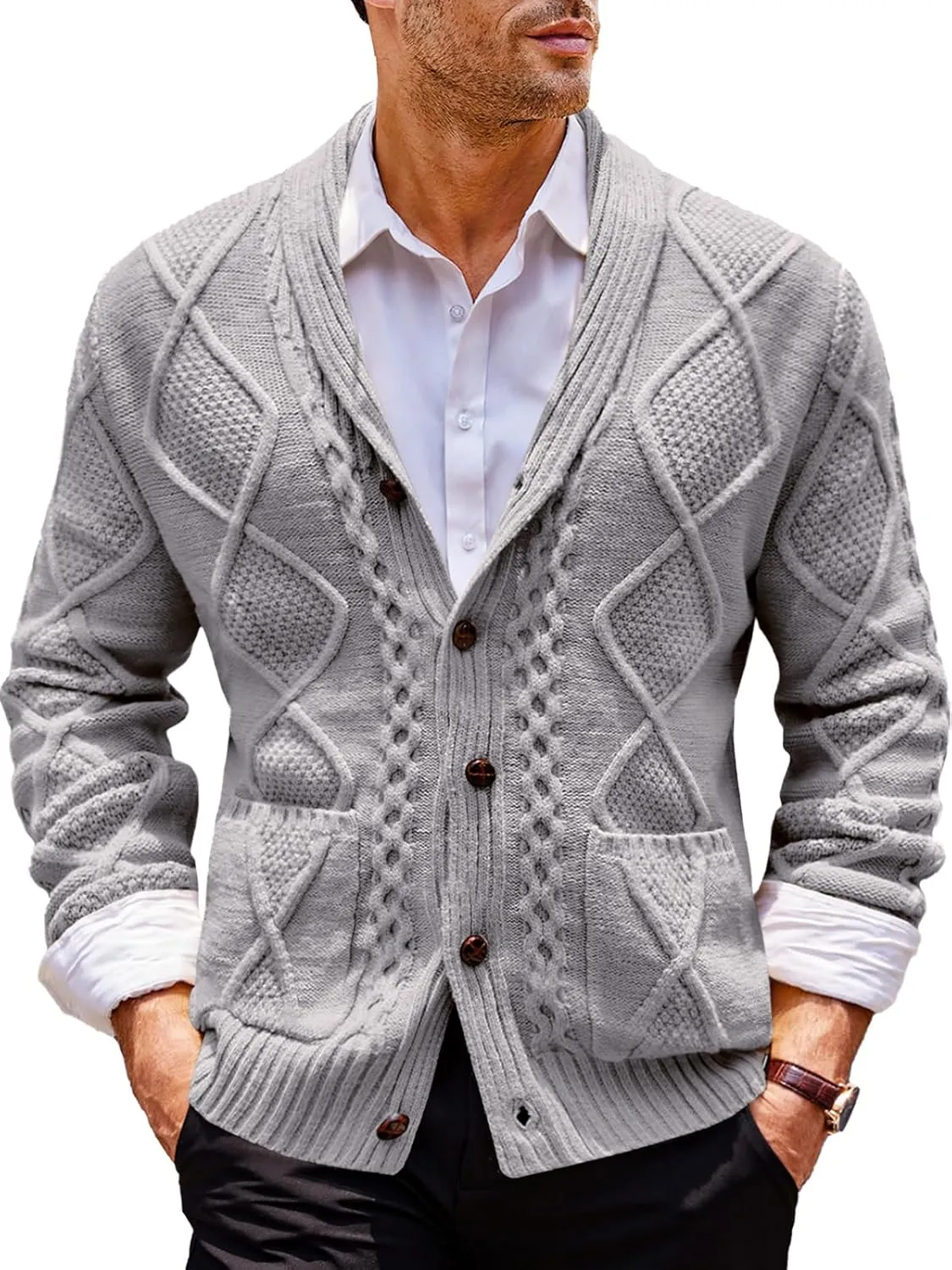 Runcati Mens Shawl Collar Cardigan Sweater Cable Knit Button Down Long Sleeve Casual Sweater with Pockets