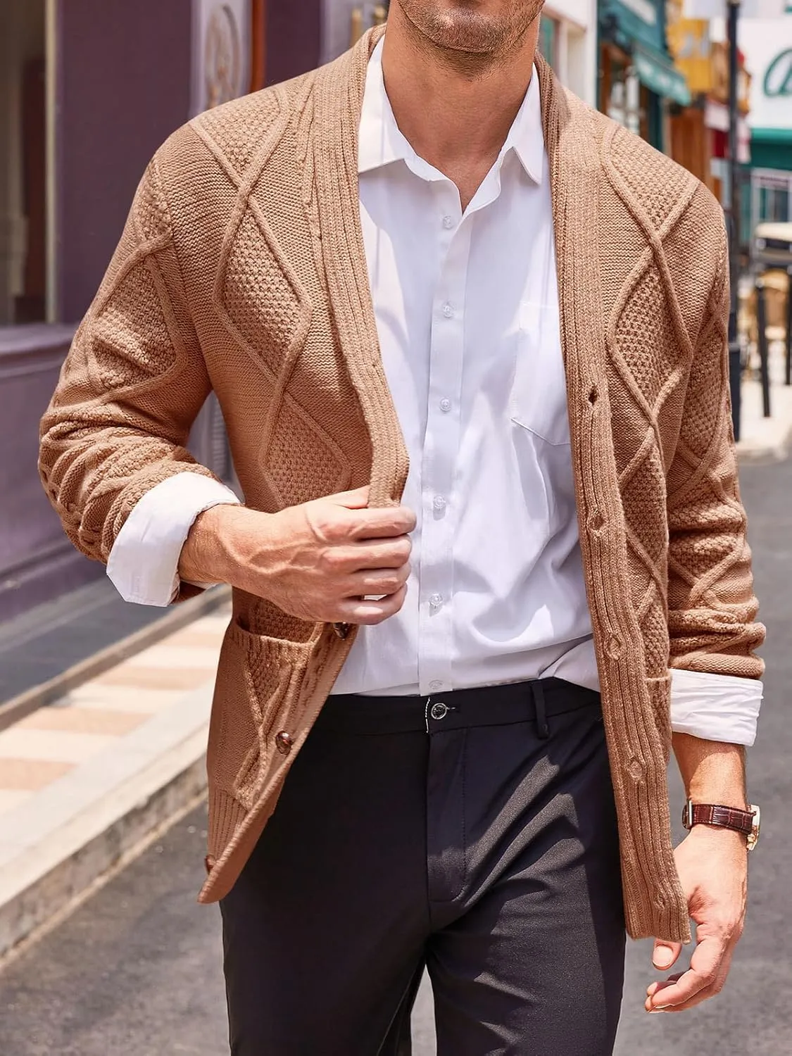 Runcati Mens Shawl Collar Cardigan Sweater Cable Knit Button Down Long Sleeve Casual Sweater with Pockets