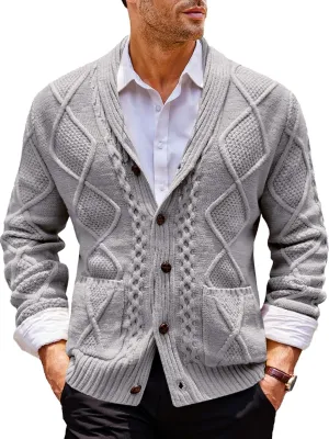 Runcati Mens Shawl Collar Cardigan Sweater Cable Knit Button Down Long Sleeve Casual Sweater with Pockets
