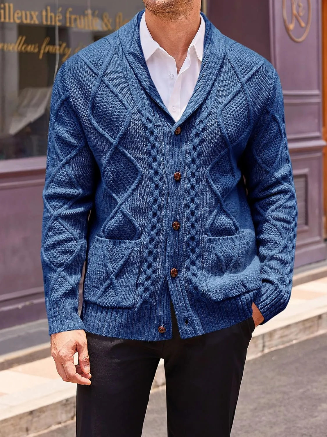 Runcati Mens Shawl Collar Cardigan Sweater Cable Knit Button Down Long Sleeve Casual Sweater with Pockets