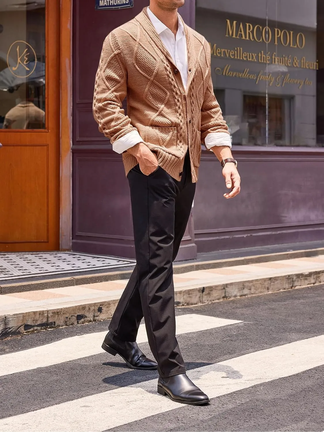 Runcati Mens Shawl Collar Cardigan Sweater Cable Knit Button Down Long Sleeve Casual Sweater with Pockets
