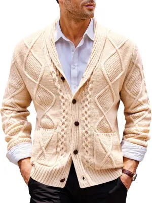 Runcati Mens Shawl Collar Cardigan Sweater Cable Knit Button Down Long Sleeve Casual Sweater with Pockets
