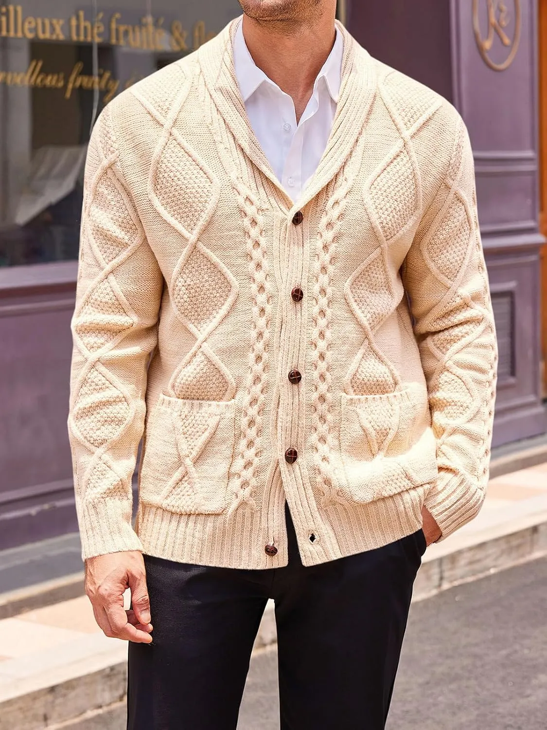 Runcati Mens Shawl Collar Cardigan Sweater Cable Knit Button Down Long Sleeve Casual Sweater with Pockets