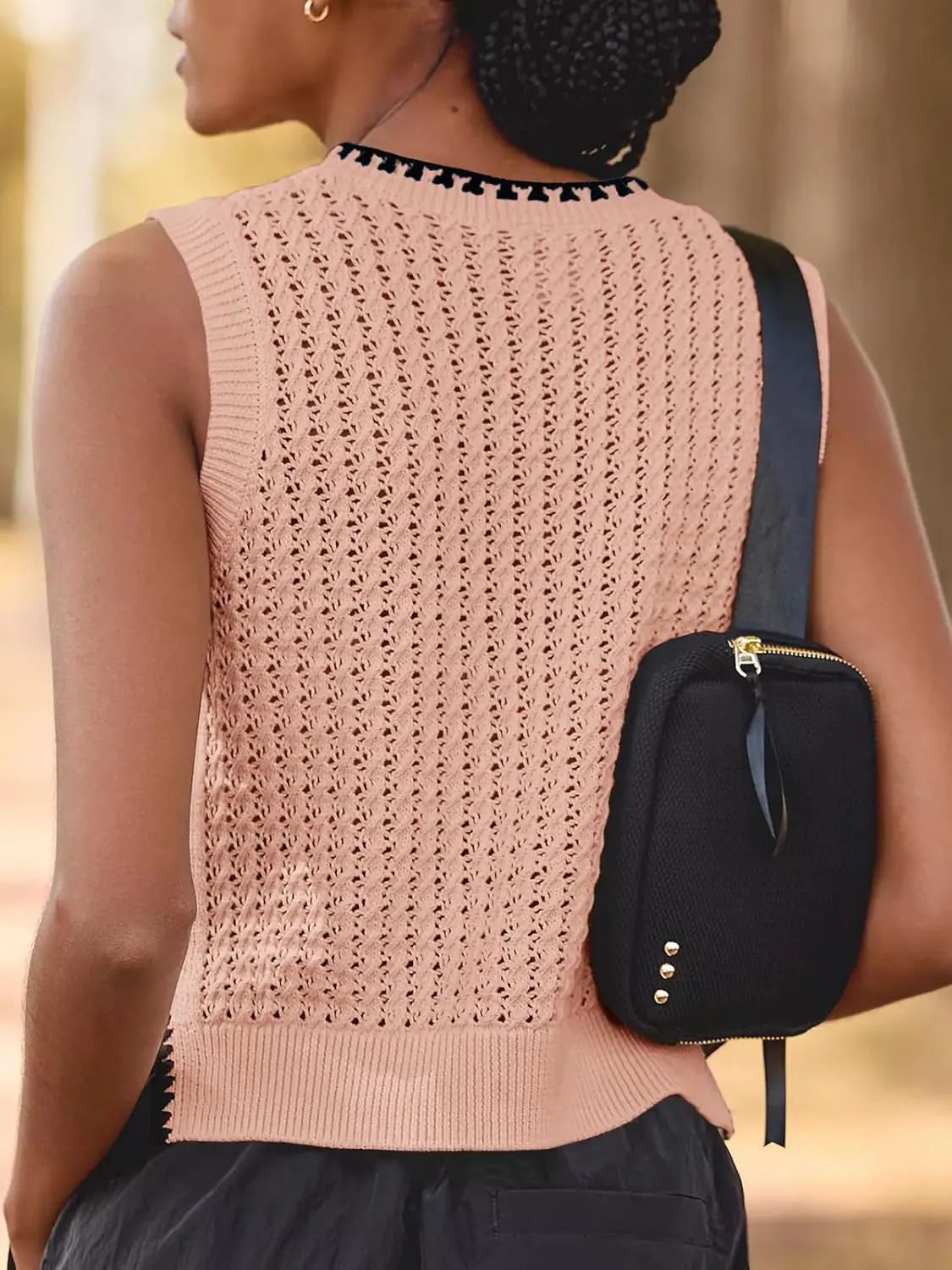 Saodimallsu Womens Sleeveless Knit Sweater Vest Crochet Color Block Stitched Crew Neck Cropped Casual Tops