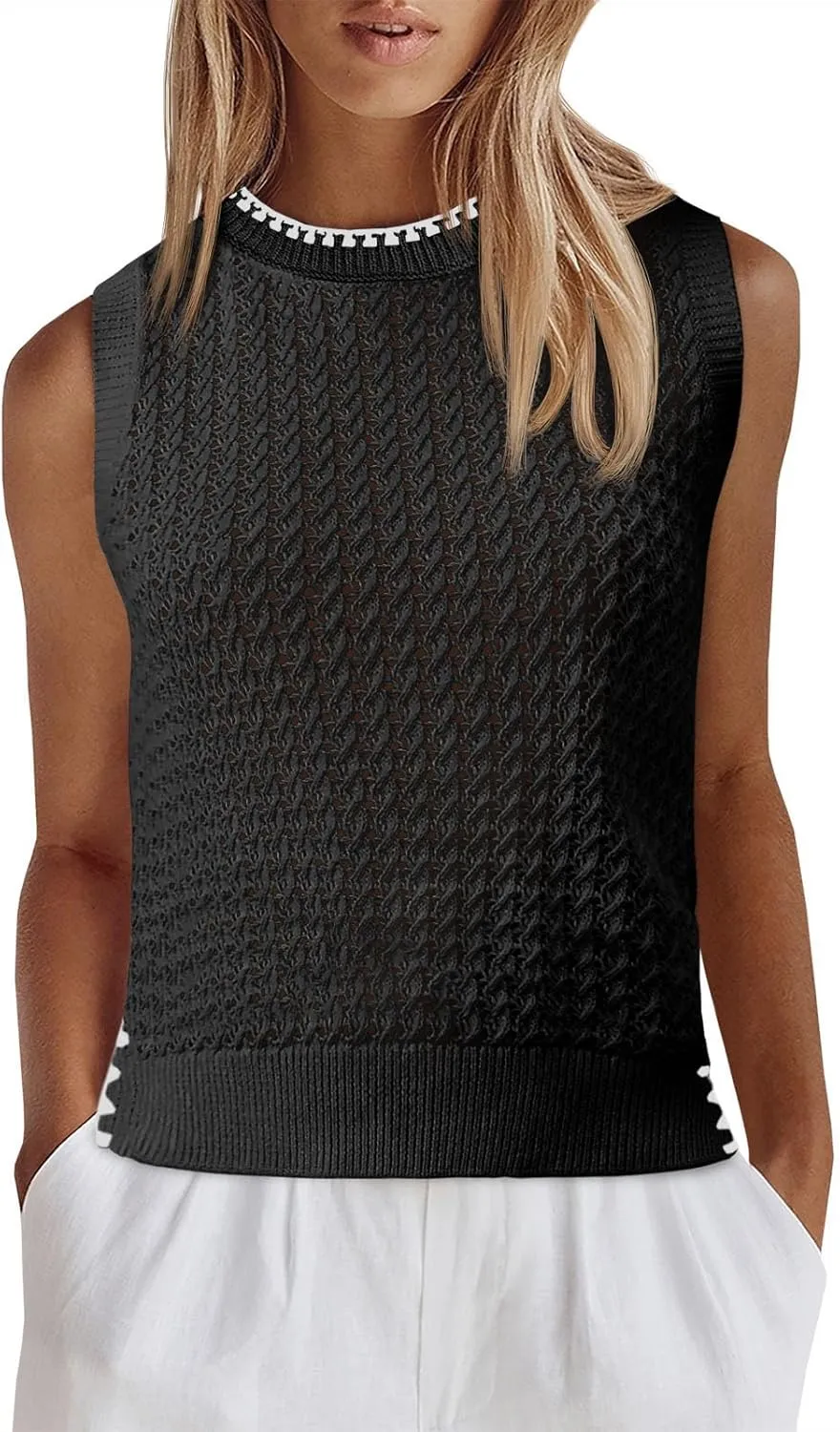 Saodimallsu Womens Sleeveless Knit Sweater Vest Crochet Color Block Stitched Crew Neck Cropped Casual Tops