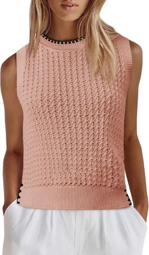 Saodimallsu Womens Sleeveless Knit Sweater Vest Crochet Color Block Stitched Crew Neck Cropped Casual Tops