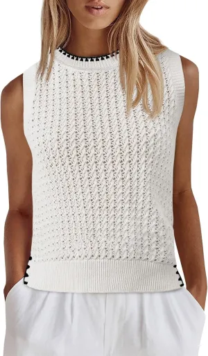 Saodimallsu Womens Sleeveless Knit Sweater Vest Crochet Color Block Stitched Crew Neck Cropped Casual Tops
