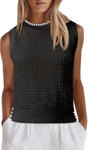 Saodimallsu Womens Sleeveless Knit Sweater Vest Crochet Color Block Stitched Crew Neck Cropped Casual Tops