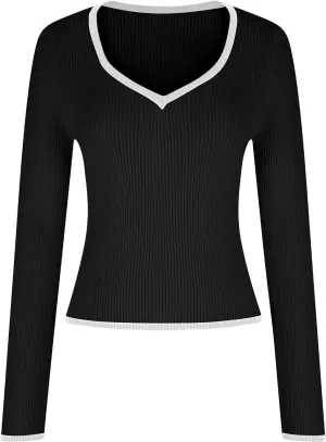 Sexy Sweaters for Women 2024 Fall Long Sleeve V Neck Color Block Slim Fit Knit Casual Pullover Tops Ribbed Knit Shirts
