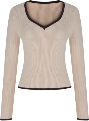 Sexy Sweaters for Women 2024 Fall Long Sleeve V Neck Color Block Slim Fit Knit Casual Pullover Tops Ribbed Knit Shirts