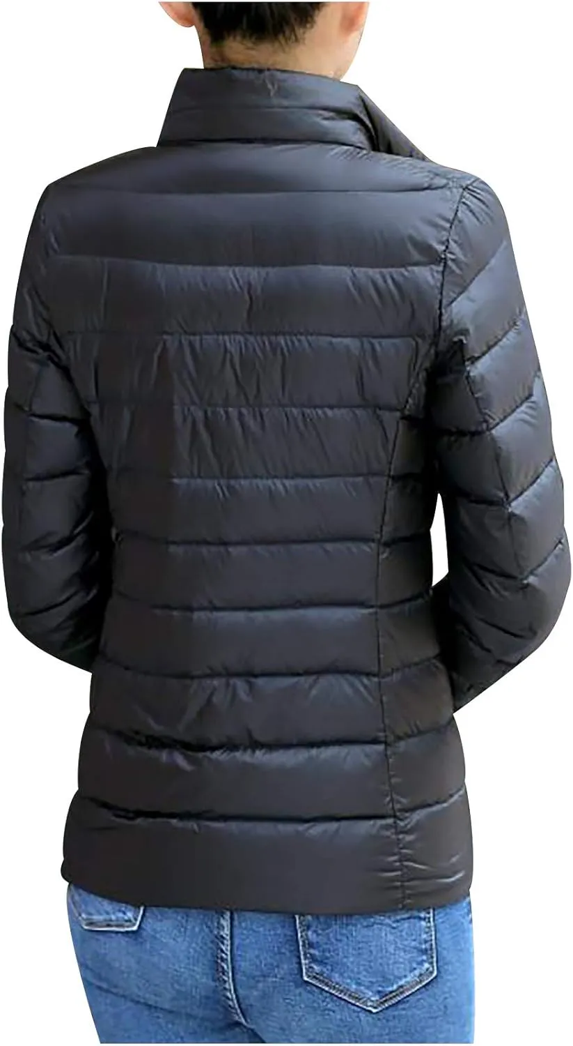 SHOPESSA Women's Quilted Puffer Jacket Long Sleeve Full Zipper Coat Lightweight Packable Down Jacket Winter Outerwear