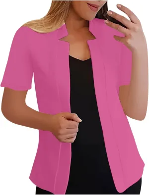 Short Sleeve Lightweight Open Front Cardigan for Women Notched Collar Work Office Blazer Slim Fitted Suit Jackets
