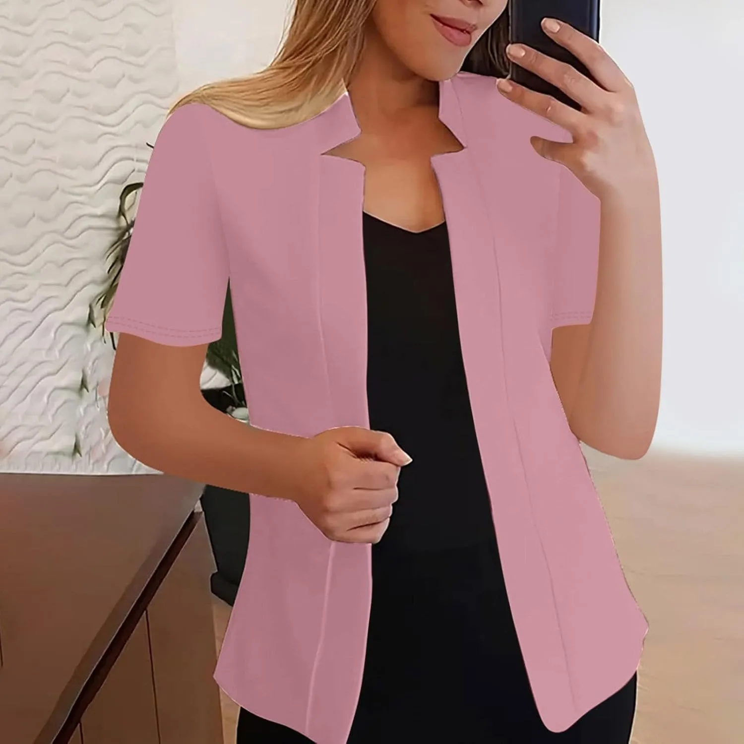 Short Sleeve Lightweight Open Front Cardigan for Women Notched Collar Work Office Blazer Slim Fitted Suit Jackets