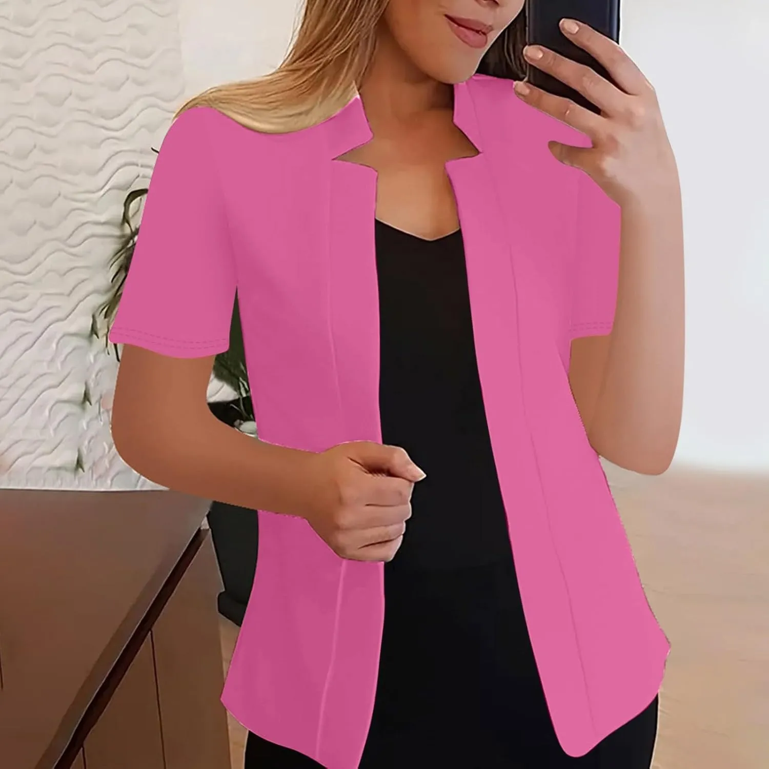 Short Sleeve Lightweight Open Front Cardigan for Women Notched Collar Work Office Blazer Slim Fitted Suit Jackets