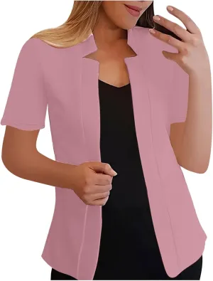 Short Sleeve Lightweight Open Front Cardigan for Women Notched Collar Work Office Blazer Slim Fitted Suit Jackets
