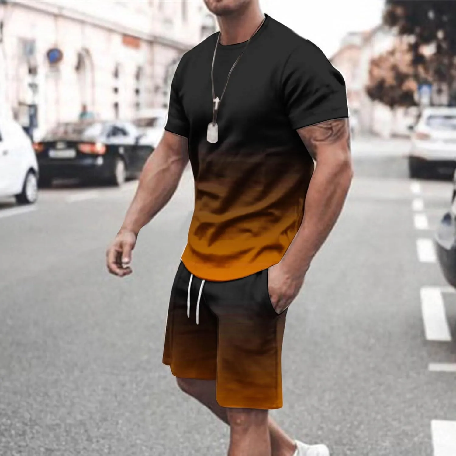 Sinzelimin Tracksuit for Mens 2025 Trendy Gradient Printed Short Sleeves Crewneck T-Shirts Tops and Shorts 2Piece Workout Set