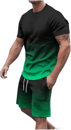 Sinzelimin Tracksuit for Mens 2025 Trendy Gradient Printed Short Sleeves Crewneck T-Shirts Tops and Shorts 2Piece Workout Set
