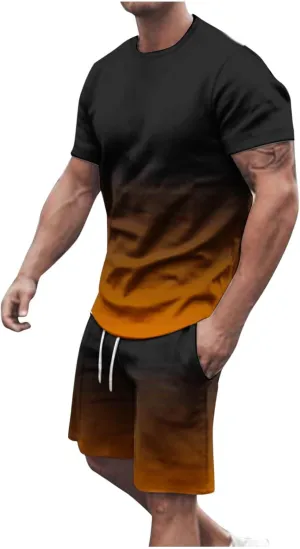 Sinzelimin Tracksuit for Mens 2025 Trendy Gradient Printed Short Sleeves Crewneck T-Shirts Tops and Shorts 2Piece Workout Set