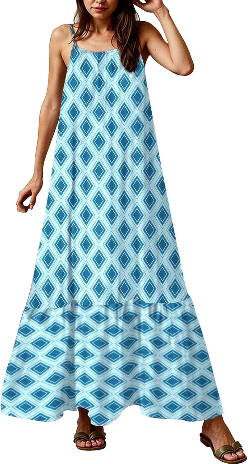Sleeveless Maxi Dresses for Women 2025 Ruffle Spaghetti Strap Fashion Print Flowy Boho Dress Summer Vacation Dress