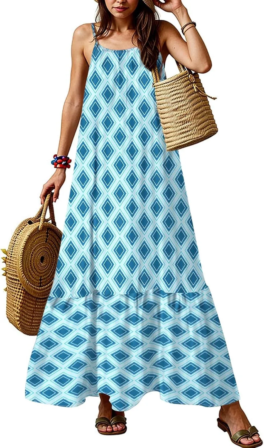 Sleeveless Maxi Dresses for Women 2025 Ruffle Spaghetti Strap Fashion Print Flowy Boho Dress Summer Vacation Dress